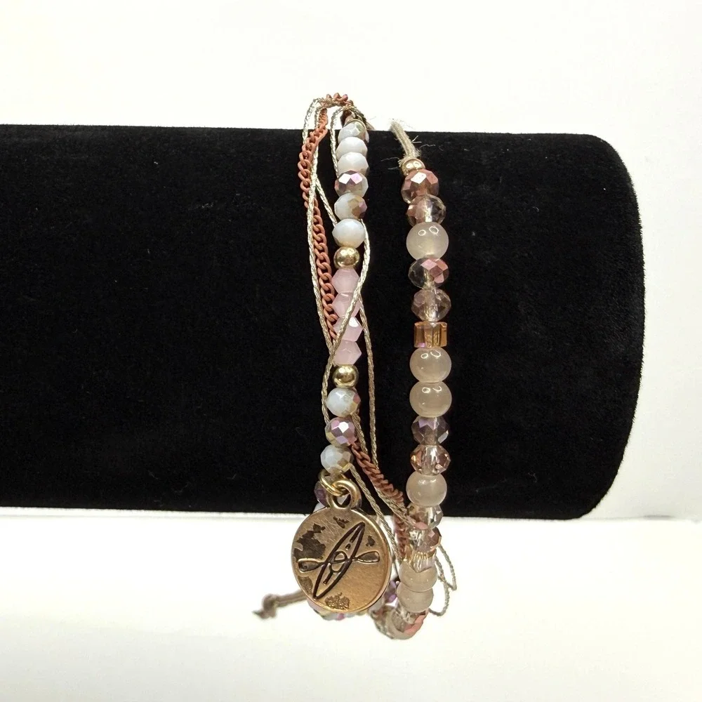Rose Quartz Glass Beaded Charm Bracelet Stacking Layered Boho Adjustable Band